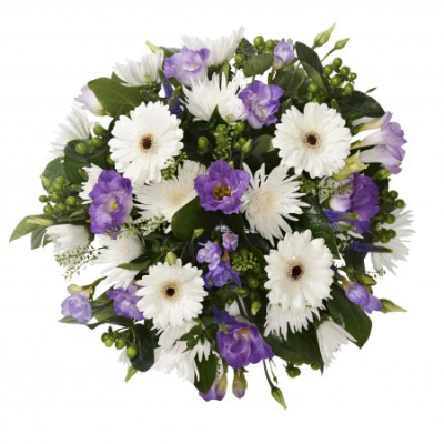 Posy SYM-345 - A classic funeral posy arranged with love using purple, lilac and white flowers.